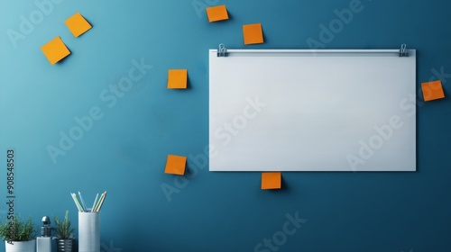 Blank Whiteboard with Orange Sticky Notes on a Blue Wall:  A minimalist workspace concept with a blank whiteboard, surrounded by vibrant orange sticky notes against a cool blue backdrop. photo