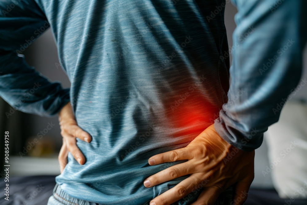 A person holding their lower back in pain, highlighting the discomfort caused by scoliosis A person holding their lower back in pain, highlighting the discomfort caused by scoliosis