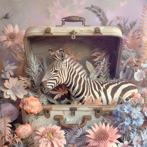 Zebra in suitcase on floral pastel background. Holiday and travel concept