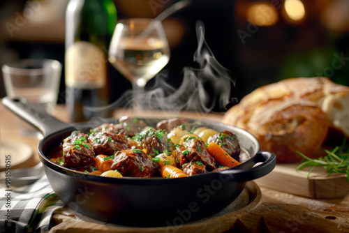 rustic steaming Flemish beef stew. AI generative.