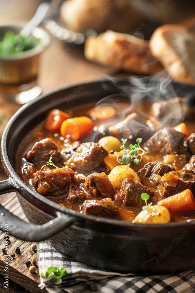 rustic steaming Flemish beef stew. AI generative. rustic steaming Flemish beef stew. AI generative.