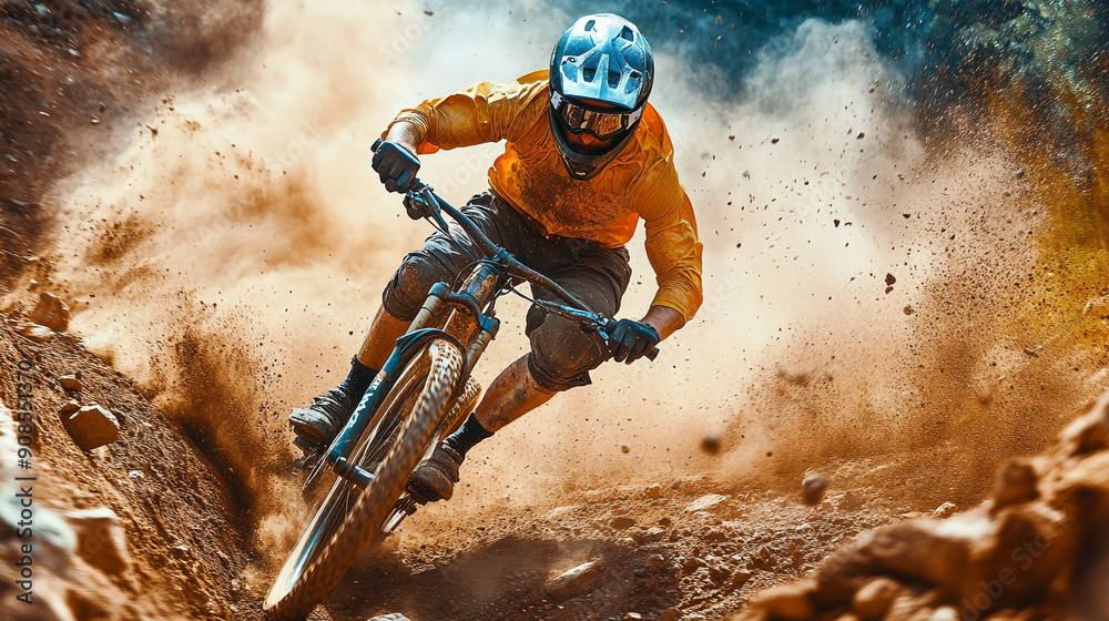 Fototapeta premium Sport man riding a bike on a mountain