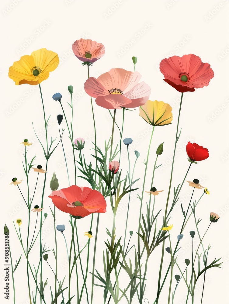 Fototapeta premium Collection of 2D and 3D Vector Flat Abstract Minimalistic Art of Flowers and Meadow Isolated on a White Background