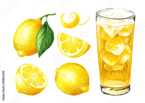 Glass of lemonade, Lemon icetea set.  Hand drawn watercolor illustration, isolated on white background