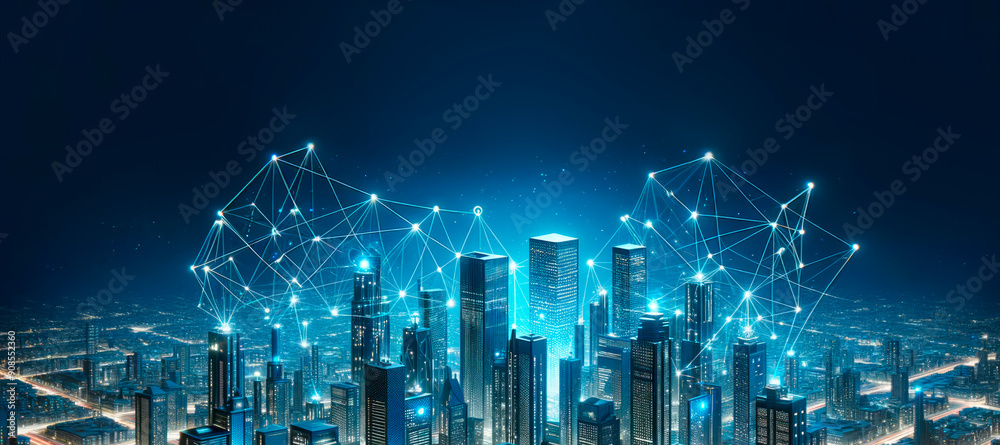 A cityscape at night enhanced with digital mesh network lines, symbolizing connectivity on a dark background, concept of smart city. Generative AI A cityscape at night enhanced with digital mesh network lines, symbolizing connectivity on a dark background, concept of smart city. Generative AI