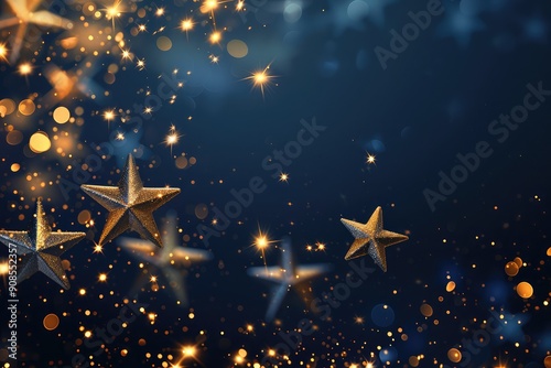 Abstract luxury golden stars on dark blue background with lighting effect and spakle. Template premium award design. photo