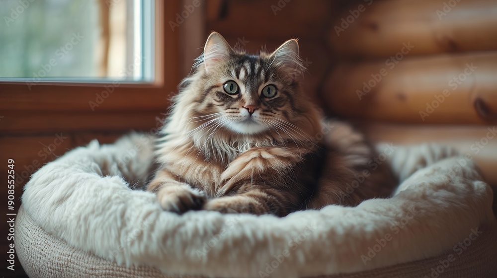 Obraz premium Fluffy Cat in Cozy Bed