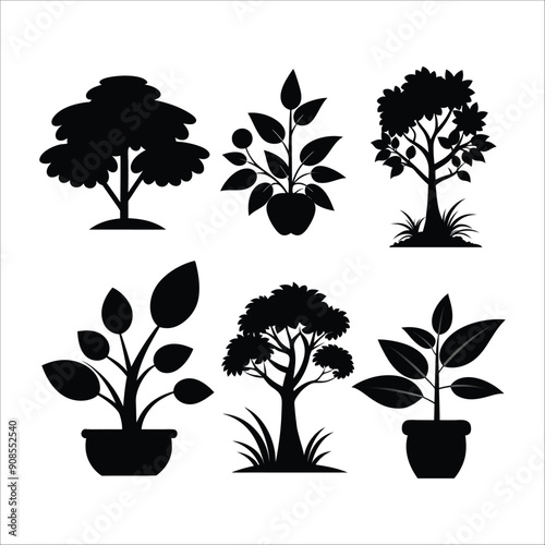 Potted plants silhouette icon set. Black color indoor houseplants in flowerpots.