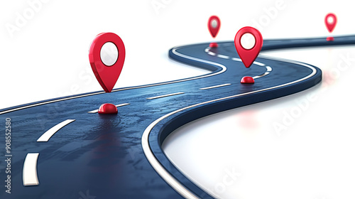 A winding road with red location pins, photorealistic style, on a white background, concept of navigation. Generative AI photo