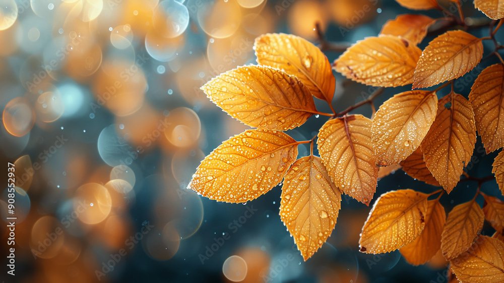 Obraz premium golden Yellow autumn leaves close up against a blurred bokeh background.