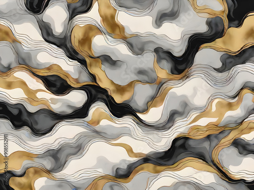 Black, white, grey watercolor vector background. Golden lines, waves. Abstract watercolor washes, forms background
