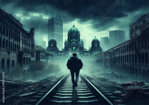 A MAN alone in an abandoned ruined city generative ai
