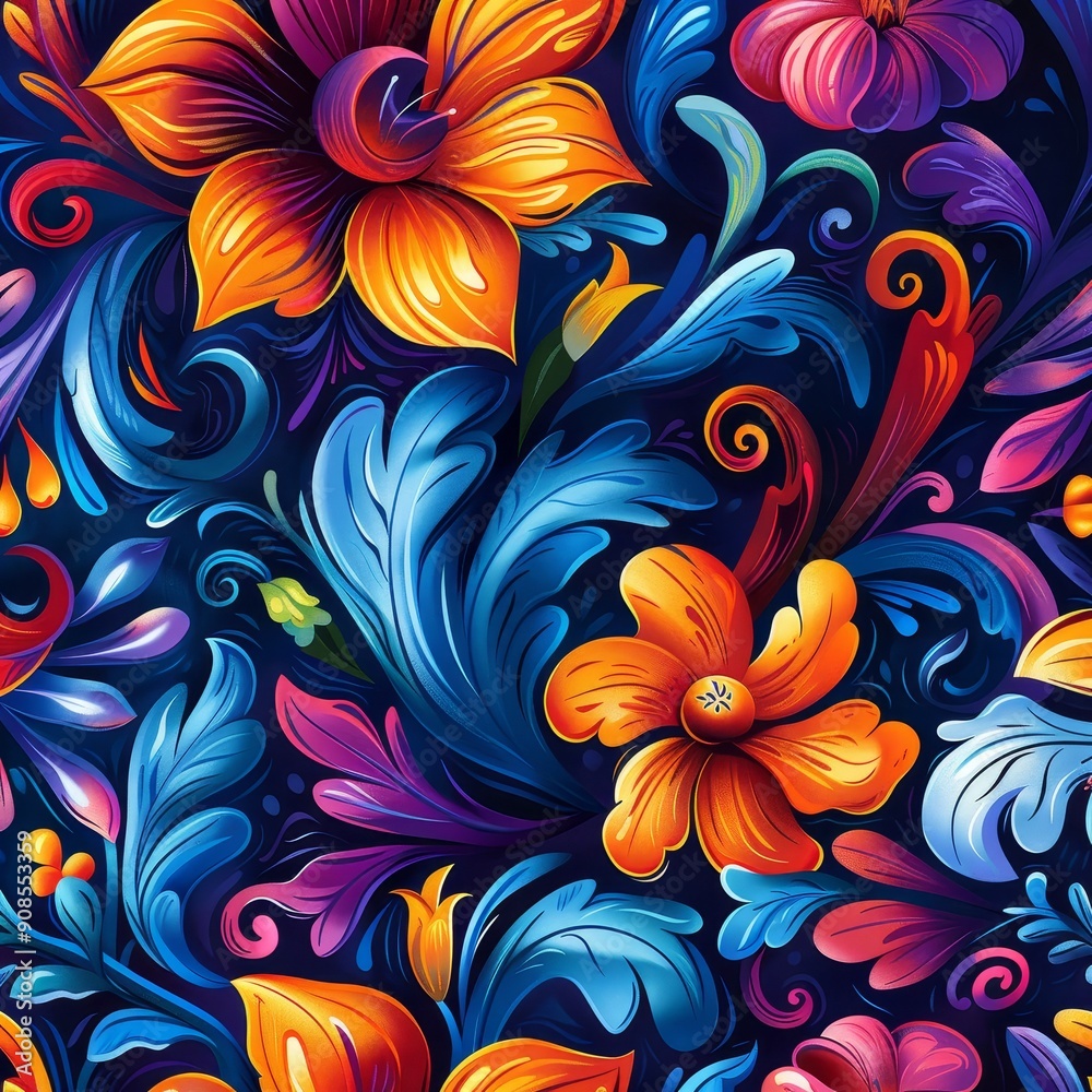 Vibrant Floral Pattern with Blue and Orange Tones Vibrant Floral Pattern with Blue and Orange Tones