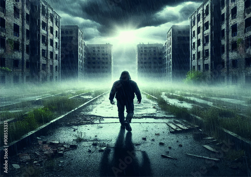 A man alone in an abandoned ruined city