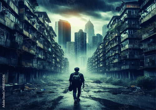 A man alone in an abandoned ruined city generative ai