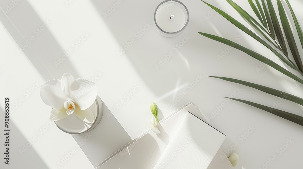Flat lay of a minimalist scene with a single flower, candle, and a blank notebook on a white table Flat lay of a minimalist scene with a single flower, candle, and a blank notebook on a white table