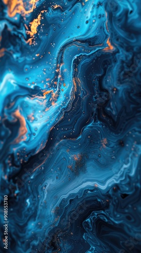 Portrait of vivid blue and gold marble waves ocean texture in a dark liquid paint abstract background. Vertical Wallpaper Smartphone