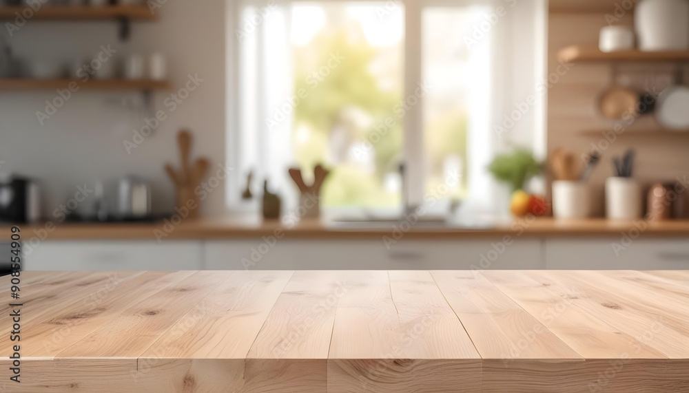 Wooden table top with blurred kitchen interior in the background Wooden table top with blurred kitchen interior in the background
