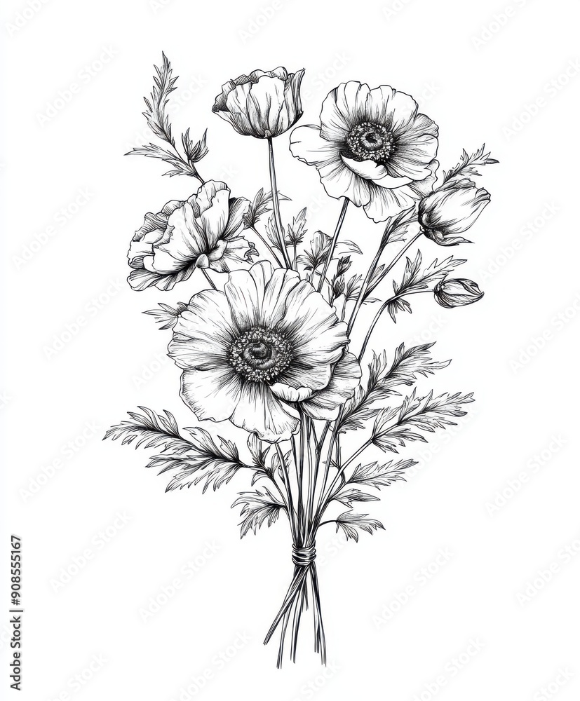 Obraz premium Black and white Vintage engraved art of a cosmos bouquet isolated on white background, ink sketch illustration, simple vector art design, highly detailed line art, high contrasty.