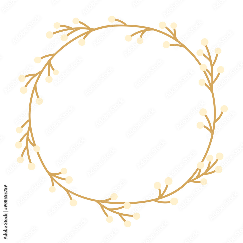 Hand-drawn Circular Frame with Berry Branches. Simple illustration of wreath with branches and white berries. Hand-drawn Circular Frame with Berry Branches. Simple illustration of wreath with branches and white berries.