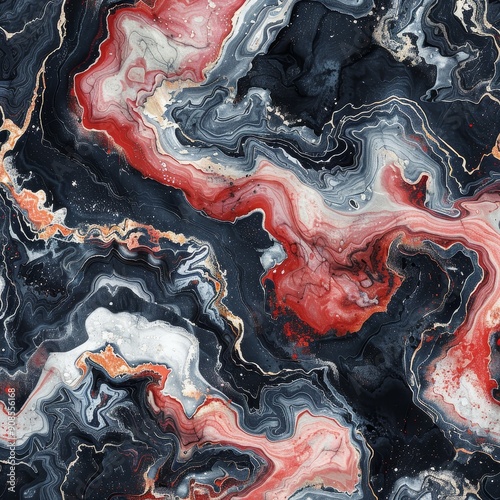 Abstract Swirling Marble Art with Red, Black, and Gold Tones photo