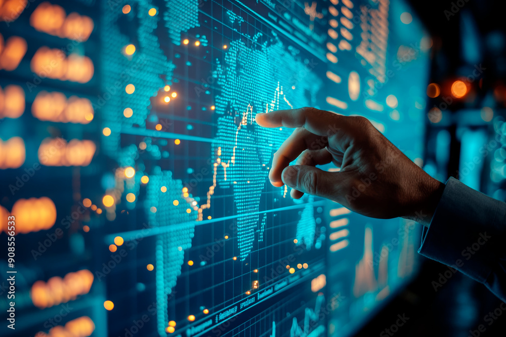 A person interacting with a digital stock market chart, creative on a dark, blurred background, concept of finance analysis. Generative AI A person interacting with a digital stock market chart, creative on a dark, blurred background, concept of finance analysis. Generative AI