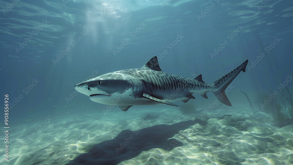 Fototapeta premium Tiger Shark Patrolling Ocean Floor with Quiet Strength
