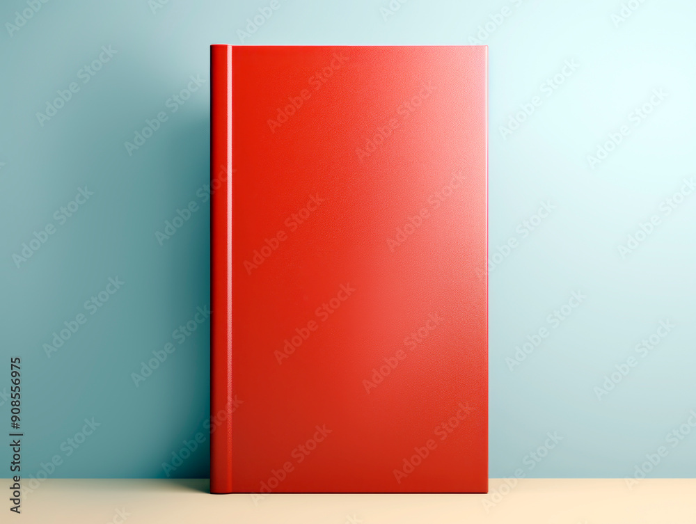 A standing red book mockup with a blank cover on a light beige surface and blue-gray background, concept of branding presentation. Generative AI A standing red book mockup with a blank cover on a light beige surface and blue-gray background, concept of branding presentation. Generative AI