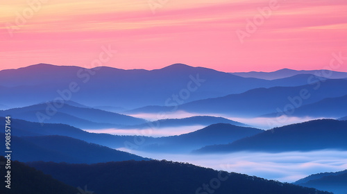 Breathtaking Sunrise Over Mountain Range with Pink and Orange Sky, Mist Gently Covering Valleys Below, Capturing the Serenity of Nature