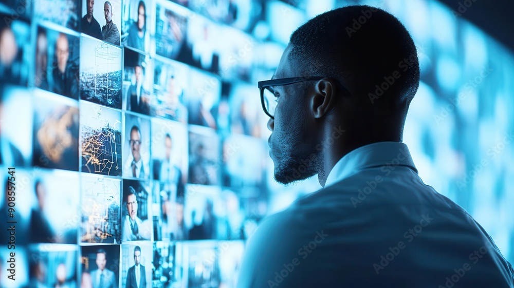 Detective studying a wall of suspect photos and maps, developing a case strategy, methodical investigation, visual planning Detective studying a wall of suspect photos and maps, developing a case strategy, methodical investigation, visual planning