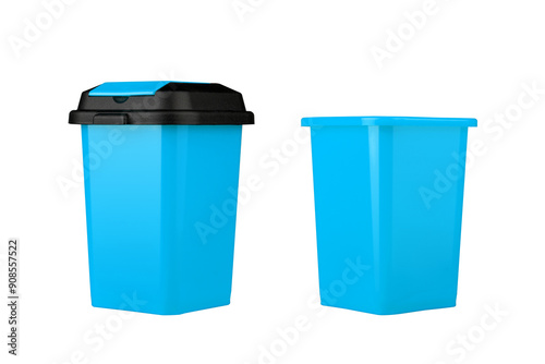 Blue trash can. With and without a lid. Side view. Isolated on white background. Garbage r