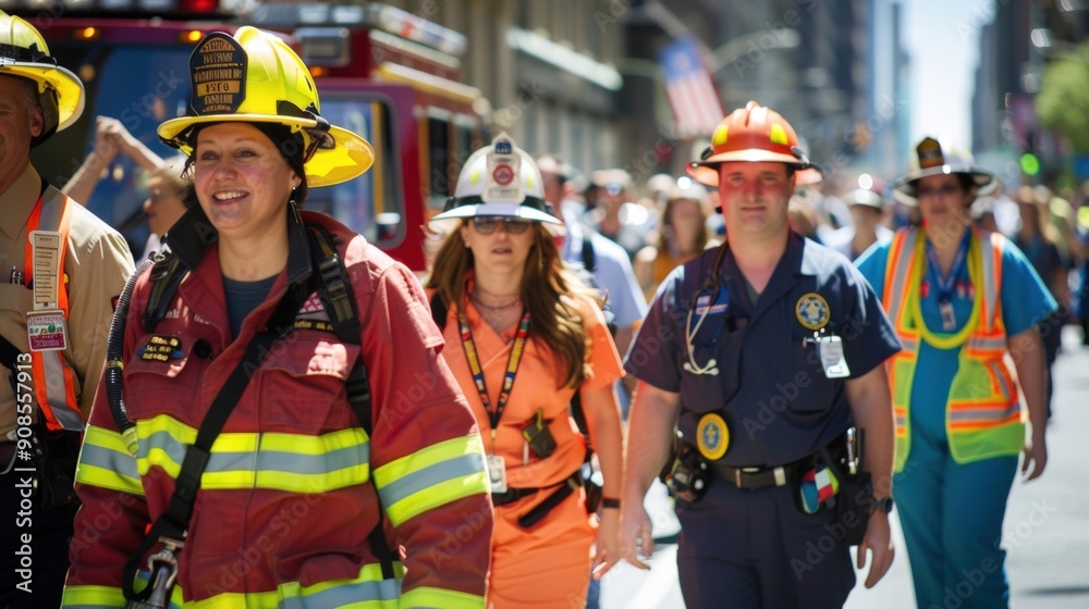 Obraz premium Labor Day parade featuring people in professional attire representing their careers, walking proudly down a city street.