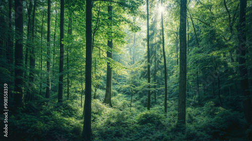 Sun-Dappled Forest with Dense Green Canopy - Idyllic Nature Scene