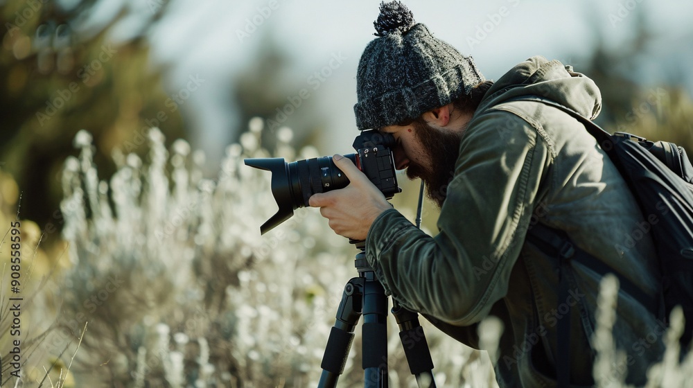 A dedicated photographer focuses intently on adjusting settings while capturing stunning landscapes with a tripod in a picturesque outdoor setting A dedicated photographer focuses intently on adjusting settings while capturing stunning landscapes with a tripod in a picturesque outdoor setting