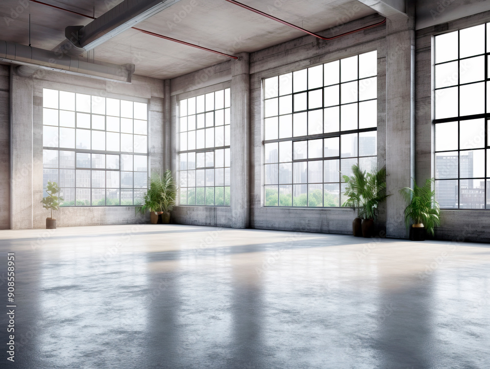 Obraz premium An empty industrial-style interior with large windows, concrete walls, and green plants. Generative AI