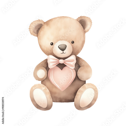 Cute teddy bear with a heart decoration. Perfect for child-themed designs, gift ideas, or nursery decor.