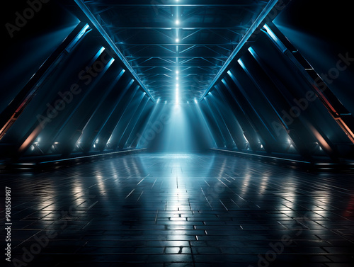 A futuristic tunnel with blue lighting and reflective floor, dark background, technological concept. Generative AI