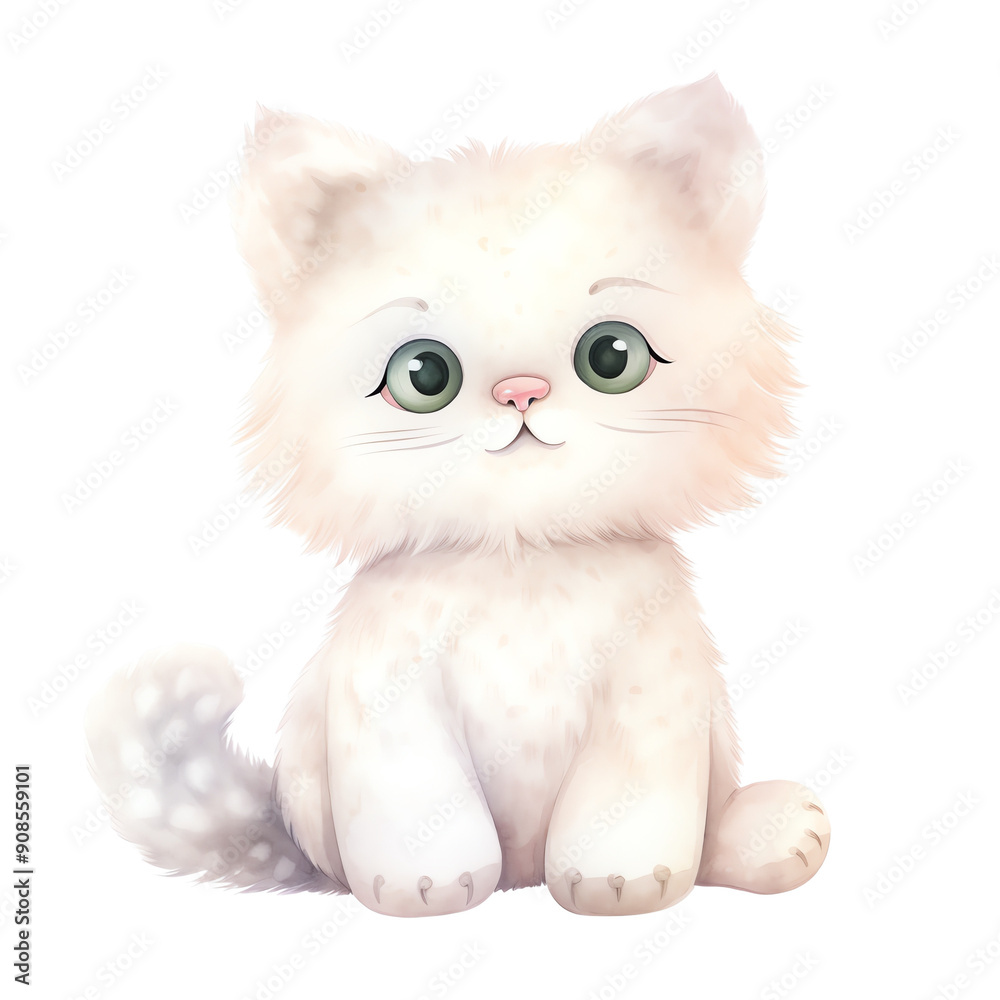 Cute fluffy white kitten with big green eyes, sitting cheerfully. Perfect for children's illustrations and animal themes. Cute fluffy white kitten with big green eyes, sitting cheerfully. Perfect for children's illustrations and animal themes.