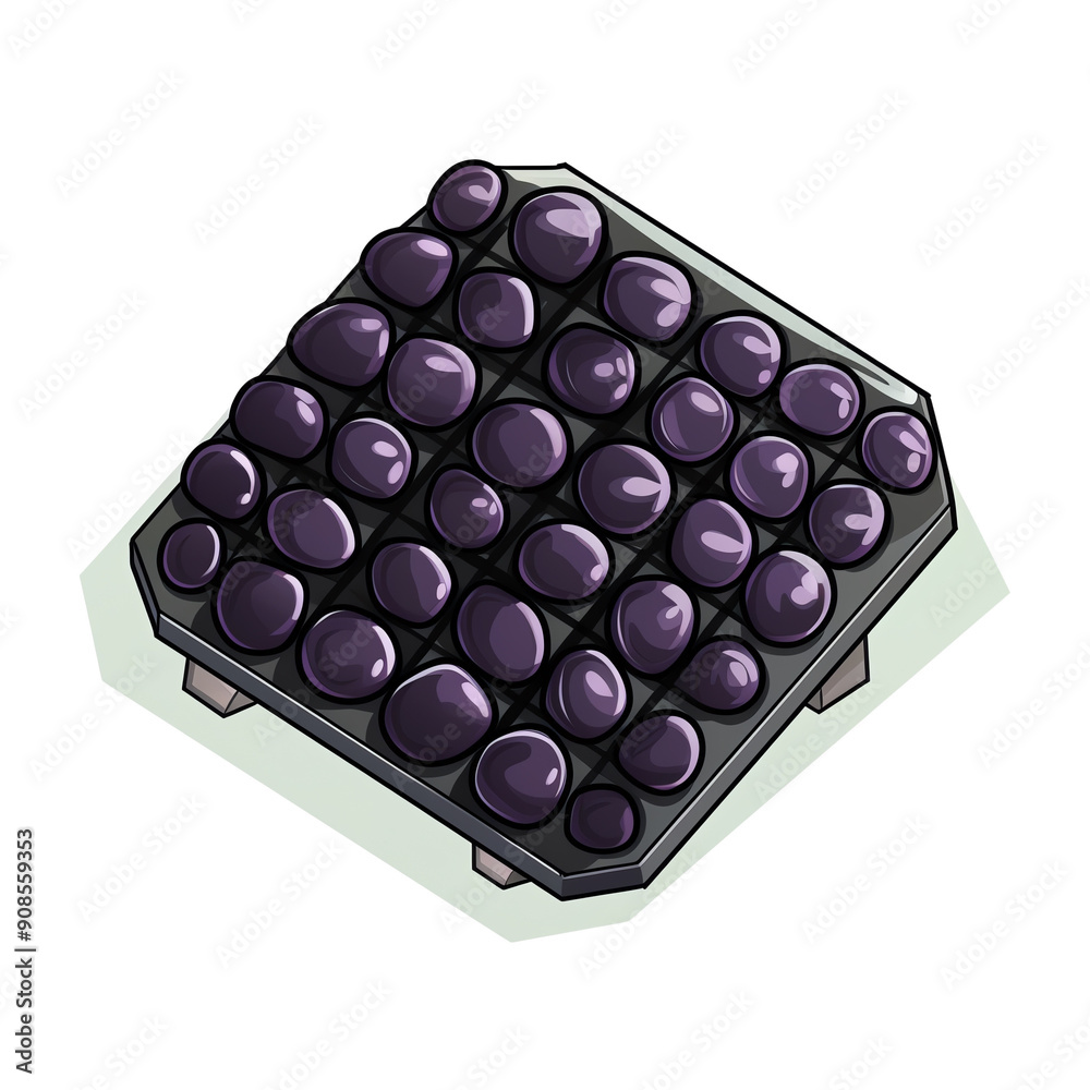 Close-up illustration of a tray with shiny black street stones, arranged in a grid pattern, isolated on a white background. Close-up illustration of a tray with shiny black street stones, arranged in a grid pattern, isolated on a white background.