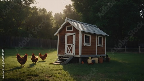 A picturesque chicken coop with a comfortable and secure environment for happy chickens