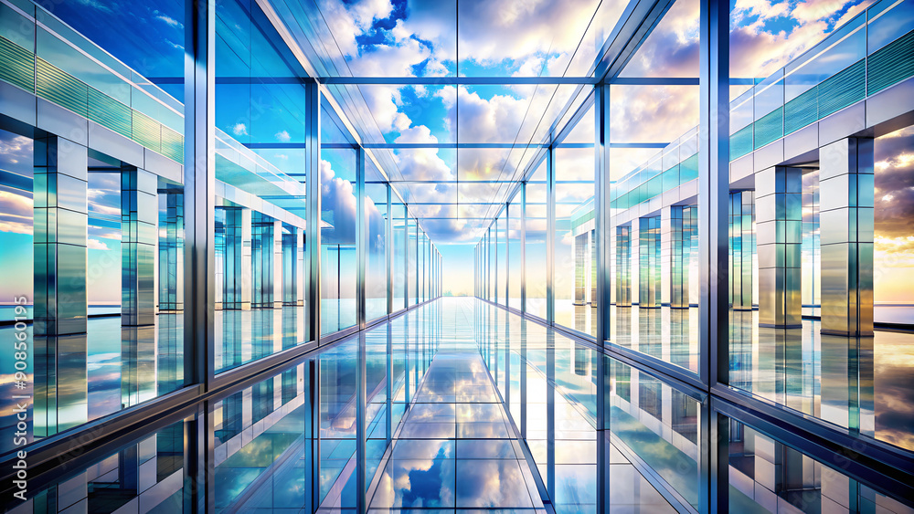 A high-tech glass, mirrored space with a perspective of the geometry of the future. Abstract background A high-tech glass, mirrored space with a perspective of the geometry of the future. Abstract background