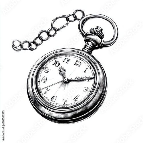 Black and white Vintage engraved art of a pocket watch isolated on white background, ink sketch illustration, simple vector art design, highly detailed line art, high contrasty
