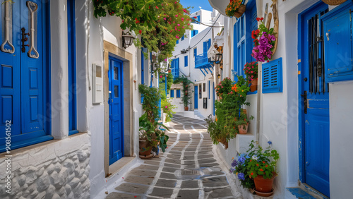 Fototapeta Naklejka Na Ścianę i Meble -  Charming Mykonos Street with White Walls and Blue Doors
