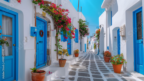 Fototapeta Naklejka Na Ścianę i Meble -  Charming Mykonos Street with White Walls and Blue Doors