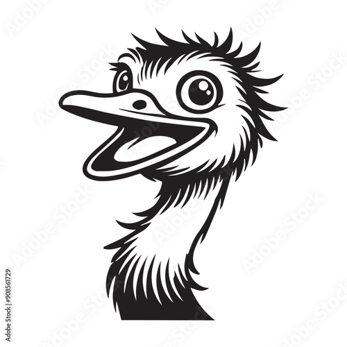 Ostrich Face Clipart, Struthio Bird Outline Design,  Common ostrich silhouette, Flightless bird illustration in black and white
