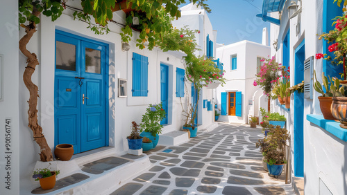 Fototapeta Naklejka Na Ścianę i Meble -  Charming Mykonos Street with White Walls and Blue Doors