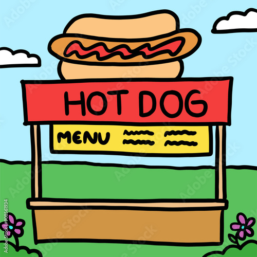 Hand drawn hotdog food stall for amusement park, theme park, street food, snack, circus, fast food business, cute patches, family trip, travel, vacation, holidays, weekend, park, outdoor, garden