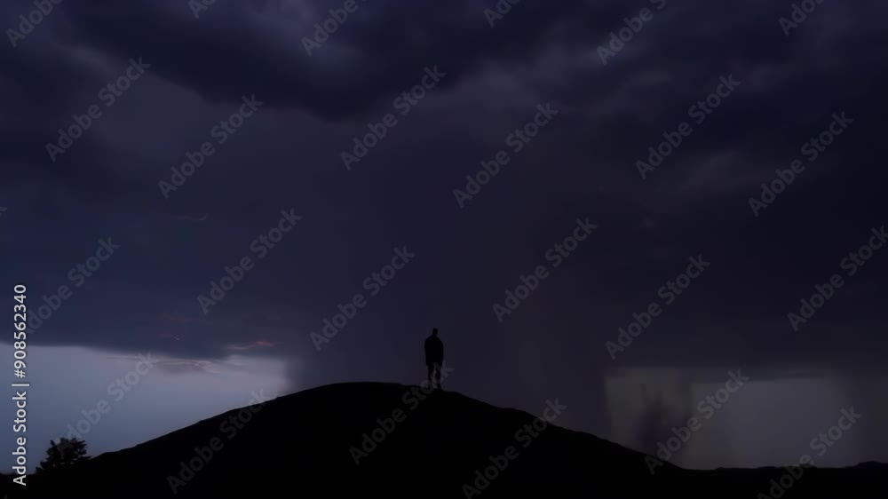 A dramatic scene featuring a silhouetted figure on a hill under ominous storm clouds and lightning, evoking a sense of solitude