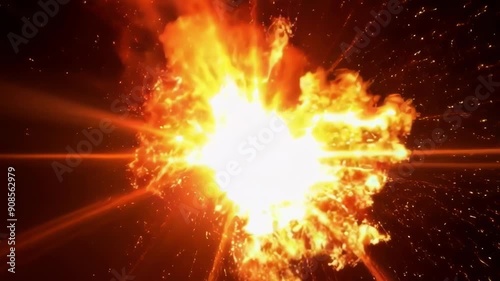 An intense explosion radiates bright sparks and flames, creating a dramatic visual spectacle in a dark setting