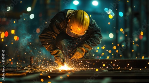 Skilled Construction Worker Welding at a Construction Site with Bright Sparks Flying